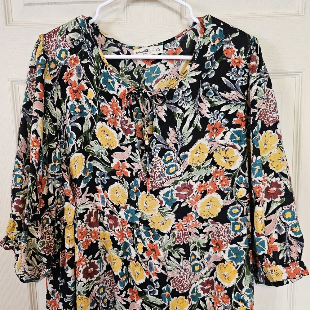 Natural Life L/XL Sage Vneck Maxi Tiered Floral Tassel Tropical Garden Rose Prin - Picture 11 of 11
